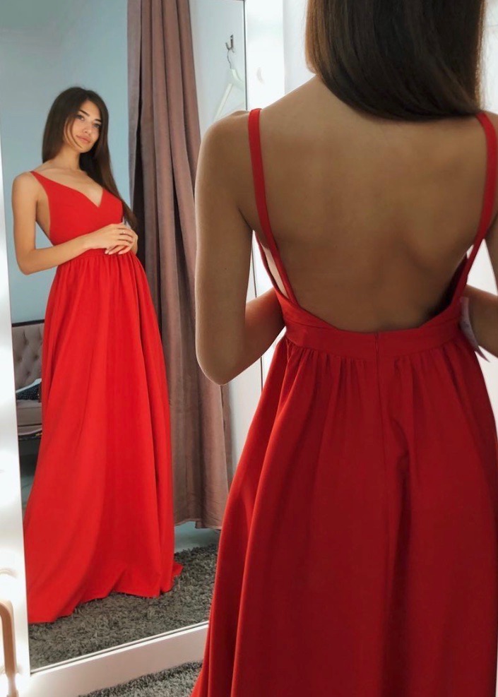 Długa sukienka Rosie czerwona na ramiączkach tył